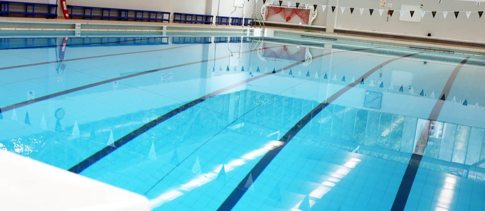 Swimming Pool with school bunting across the pool site