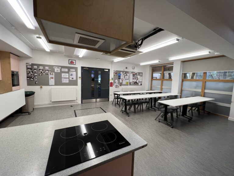 Induction cooktop on a classroom island in the foreground, with desks, bulletin boards, and large windows along the right wall.