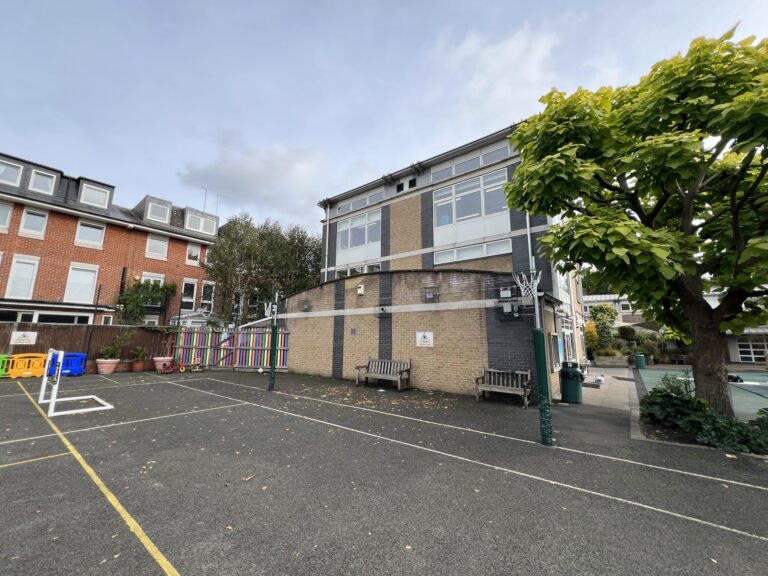 School playground with a basketball hoop, yellow lines, and a tall brick building beside a large leafy tree under a blue sky.