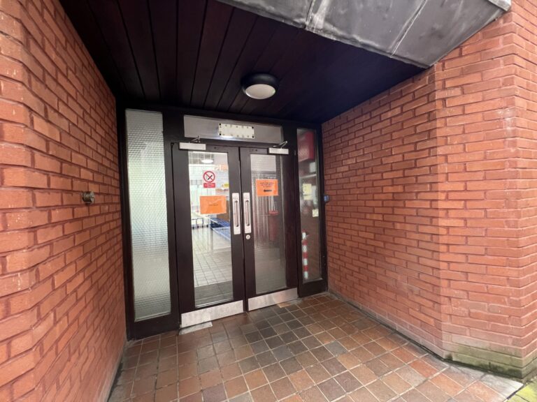 Brick-walled entry with black metal-framed double doors and a round ceiling light above.