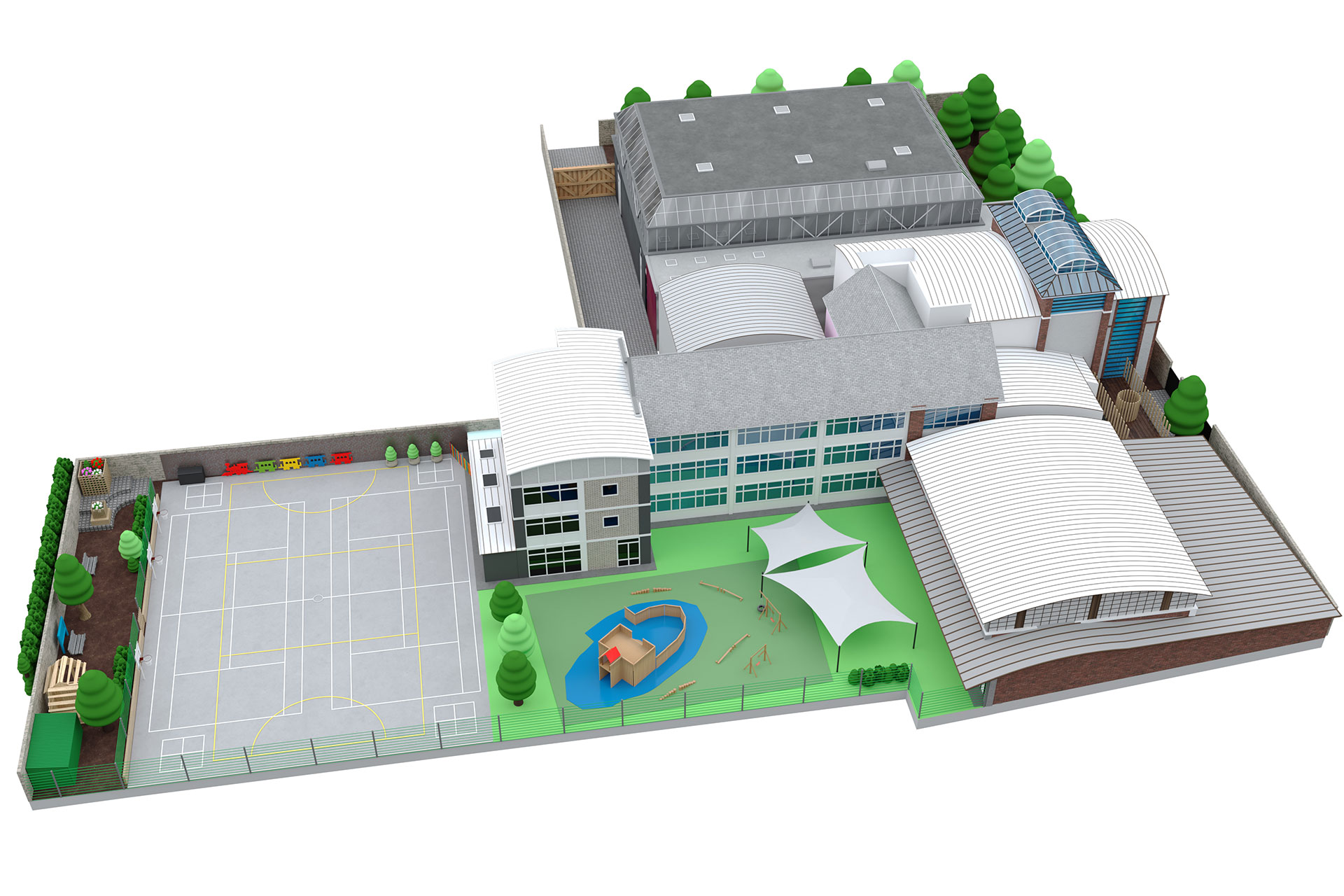 3D rendering of a school campus with interconnected buildings, gymnasiums, a fenced playground, sports court, and trees outside.